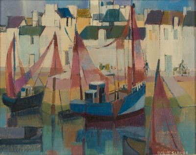 tableau représentant des bateaux dans un port, avec des maisons en arrière-plan