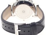 black leather strap around a watch with a white face