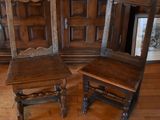 three wooden chairs sitting next to each other on a wooden floor