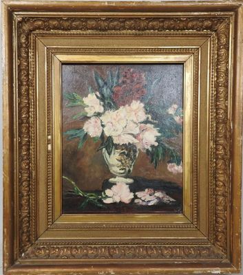 une image d'une peinture de fleurs dans un vase sur une table
