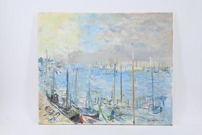 une peinture représentant des bateaux dans un port, sur l'eau