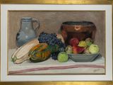 a painting of a bowl of fruit and vegetables on a table