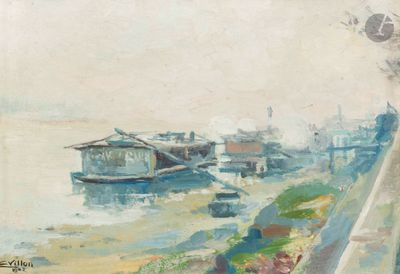 a painting of a boat on the water near a dock