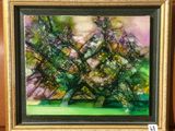 an oil painting of a tree in a frame on a shelf