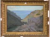 une image représentant une peinture d'une falaise rocheuse avec un plan d'eau en arrière-plan