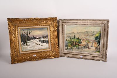 deux tableaux encadrés représentant un village et une rivière, dans un cadre doré