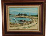 an oil painting of a beach scene with boats in the water