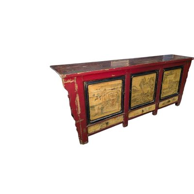 a red and yellow cabinet with a map on it