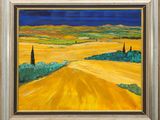a painting of a yellow field with trees and hills in the background