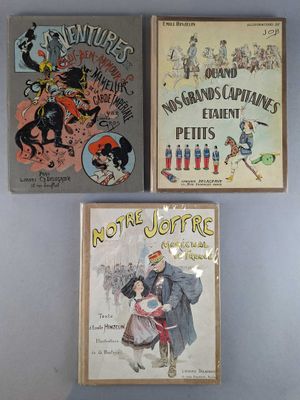 three books on a wall with a picture of a man riding a horse and a woman riding a horse