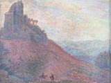 painting of a painting of a castle on a hill with people riding horses