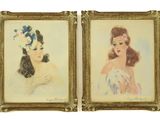 two framed paintings of women with hats on their heads
