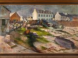 a painting of boats on the shore by a building