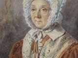 painting of a woman in a bonnet and dress with a book in her hand
