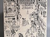 dessin représentant une scène de rue avec des personnages et des bâtiments
