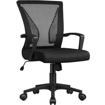 a black office chair with a mesh back and arms