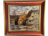 tableau représentant une femme et un cheval dans un champ, avec une usine en arrière-plan