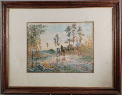tableau représentant un homme à cheval dans une zone boisée