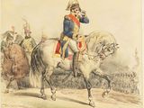painting of a man in uniform riding a horse with other men in the background