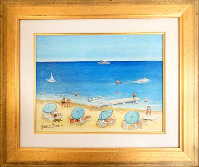 un tableau représentant une scène de plage avec des parasols et des bateaux
