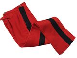 a close up of a pair of red pants with black stripes
