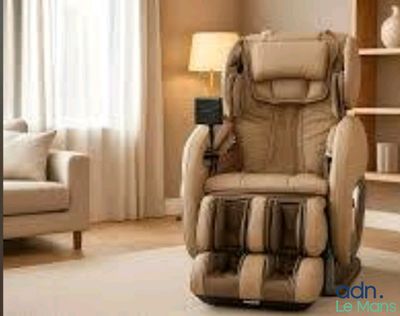 un fauteuil inclinable dans un salon avec une bibliothèque