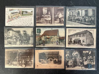 several old black and white photographs of people and buildings
