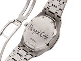 a close up of a watch on a metal bracelet