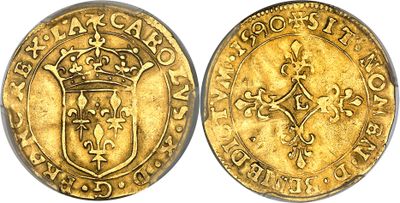 a gold coin with a crown on the front and a shield on the back