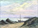 painting of a boat on a beach with mountains in the background