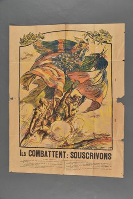 an old poster of a man riding a horse with a flag on it