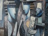 une peinture représentant une nature morte avec des vases bleus et d'autres objets