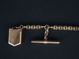 a close up of a chain bracelet with a small metal object on it