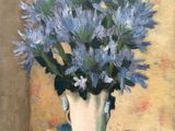 a painting of blue flowers in a white vase on a table