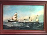 une peinture à l'huile représentant un navire en mer sur fond blanc