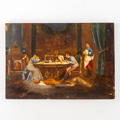 tableau représentant un groupe de personnes assises autour d'une table en train de jouer aux échecs