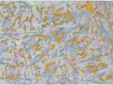 an abstract painting with gold and blue paint on a gray background