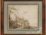a drawing of a landscape with a castle in the distance