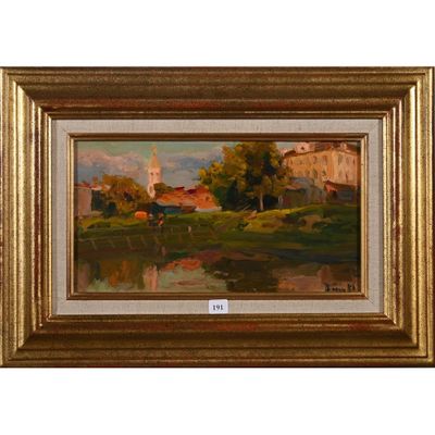 une image représentant un tableau illustrant une scène de ferme avec des vaches près d'un étang