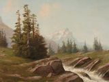 a painting of a mountain scene with a stream in the foreground