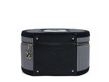 a black and white striped box with a logo on it