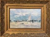 painting of a beach scene with sailboats and people on the sand