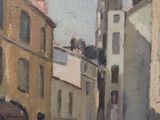 a painting of a street scene with a church in the background
