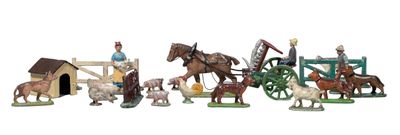 many figurines of different types of animals and people