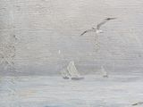 a painting of a boat in the water with seagulls flying over it