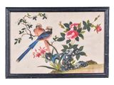 a picture of a painting of two birds on a branch
