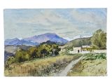 watercolor painting of a landscape with a house and mountains in the background