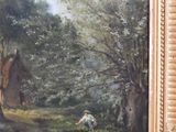 a painting of a man and a dog in a wooded area