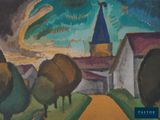an image of a painting of a church with a steeple in the background
