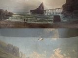 deux photos d'un tableau représentant une plage et un pont